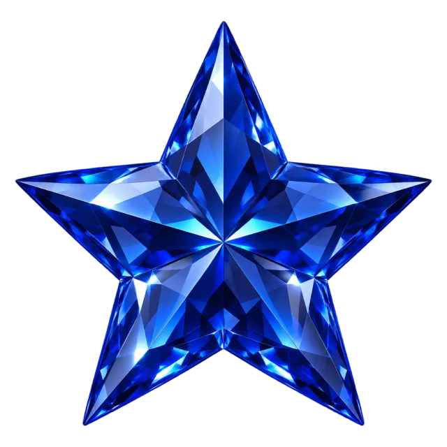 Deep blue star-shaped gem with geometric facets and bright reflections