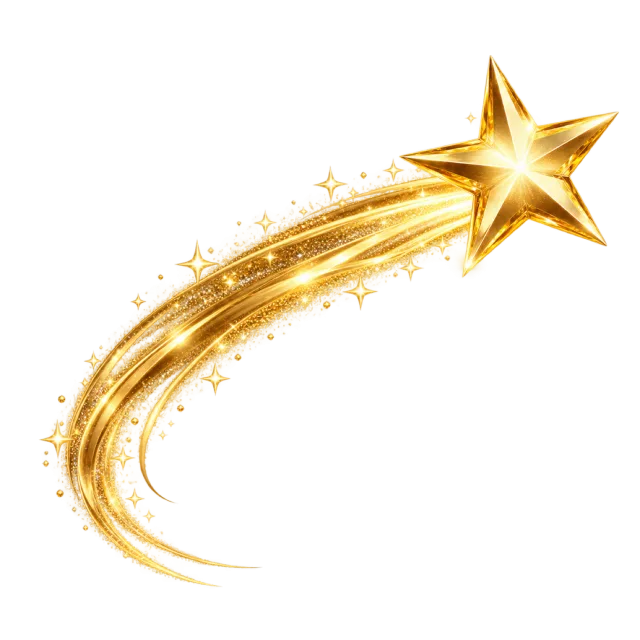 Gold star above a sweeping curved golden tail scattered with tiny sparkles