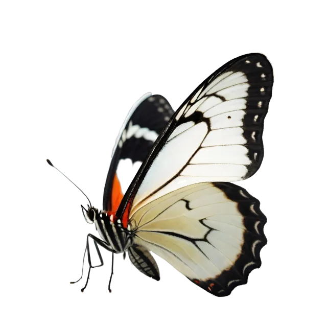 Black and white butterfly with small orange markings near the lower wings on a transparent background