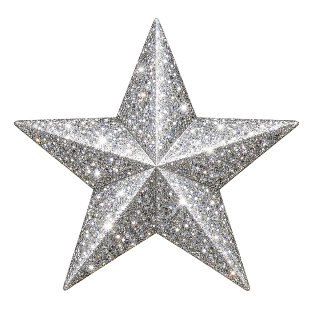 Five-pointed silver star with a densely glittered surface