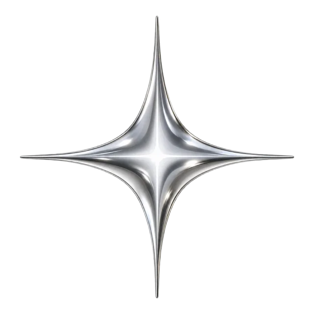 Single silver four-point sparkle with long rays and polished shading