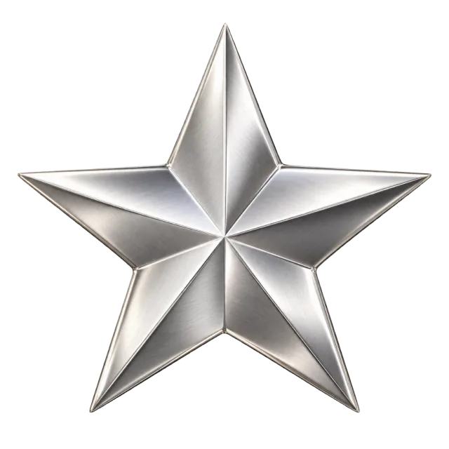 Five-pointed silver star with raised triangular sections and brushed highlights