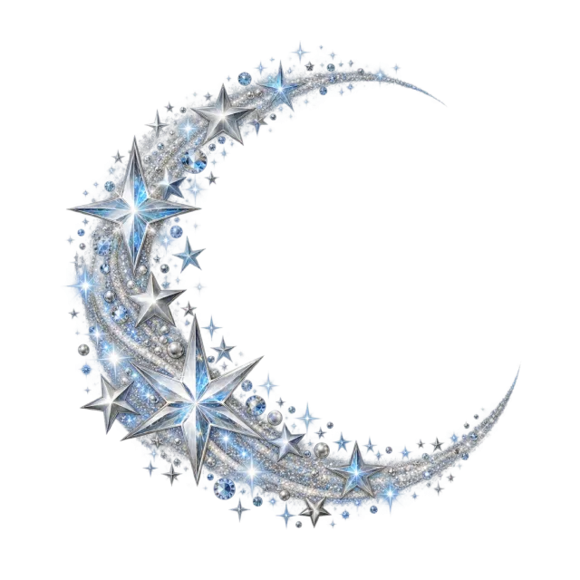 Crescent formed from silver-blue stars and fine scattered sparkles
