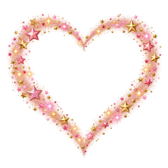 Open heart formed from pink glow, gold stars and tiny glittering dots