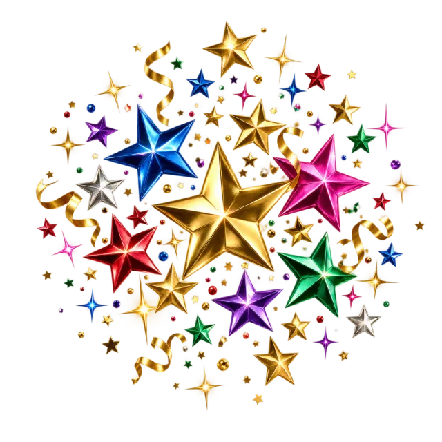 Cluster of colorful metallic-style stars, small confetti pieces and curled gold ribbons
