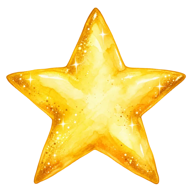 Golden yellow star with soft watercolor washes and small speckled details