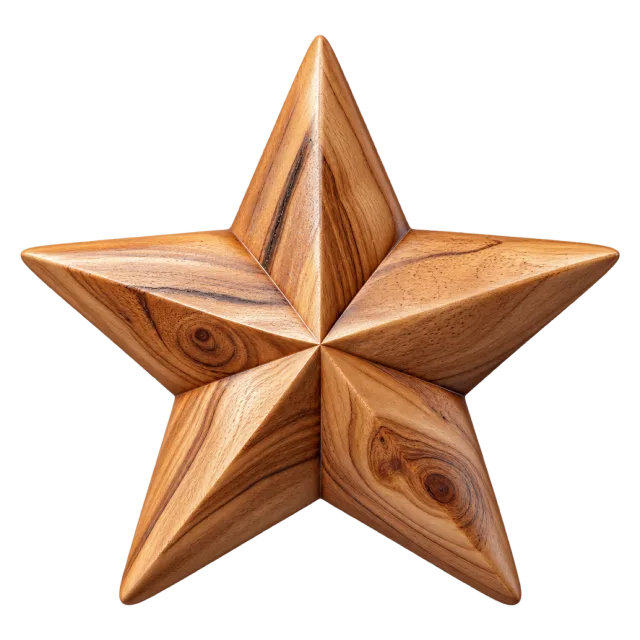 Brown five-pointed wooden star with raised ridges and flowing grain patterns