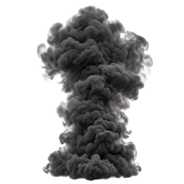 Tall column of dark charcoal smoke with dense billowing folds