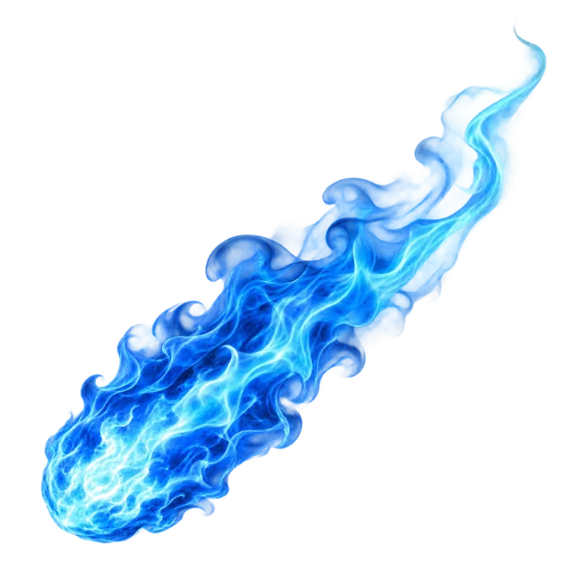 Diagonal blue flame trail with a bright rounded tip and curling cyan wisps