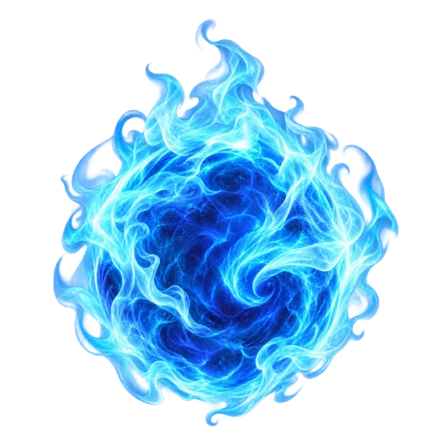 Round blue fireball surrounded by curling cyan flames and a bright swirling rim