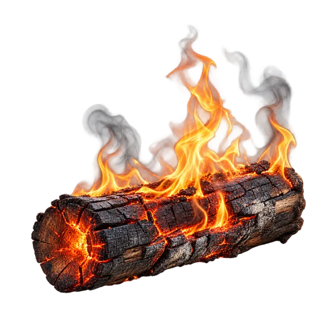 Charred horizontal log with glowing cracks, orange flames and rising gray smoke