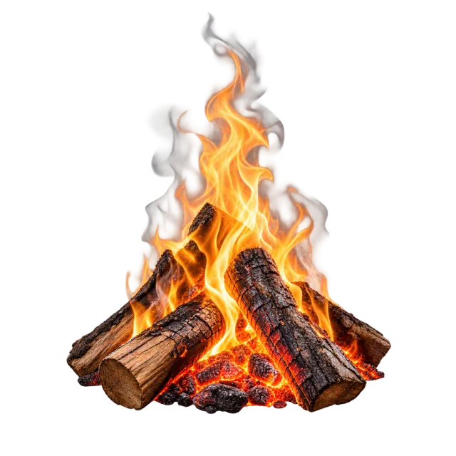 Stacked wooden logs surrounded by orange flames, glowing embers and wisps of smoke