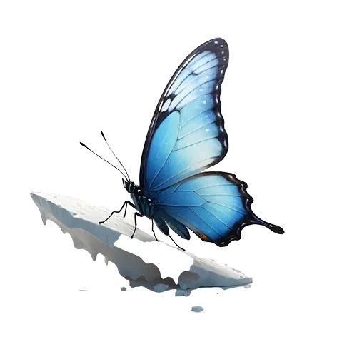 Blue butterfly with dark wing edges and a soft shadow beneath it on a transparent background