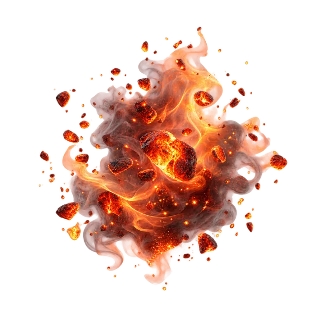Cluster of glowing orange embers and dark fragments surrounded by smoky wisps