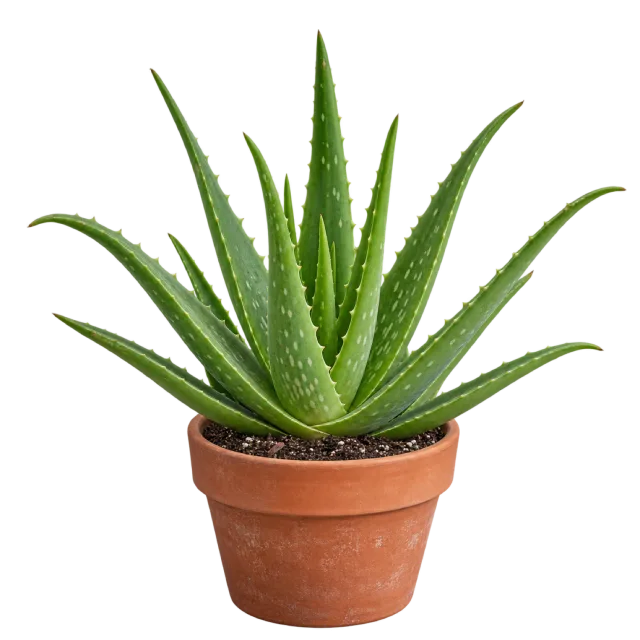 Green aloe vera with long pointed leaves growing in a terracotta pot