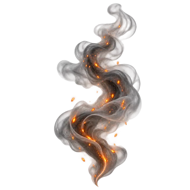Curving trail of gray smoke threaded with tiny glowing orange embers