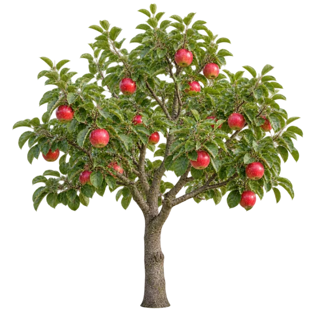 Small leafy apple tree bearing red apples on branching limbs