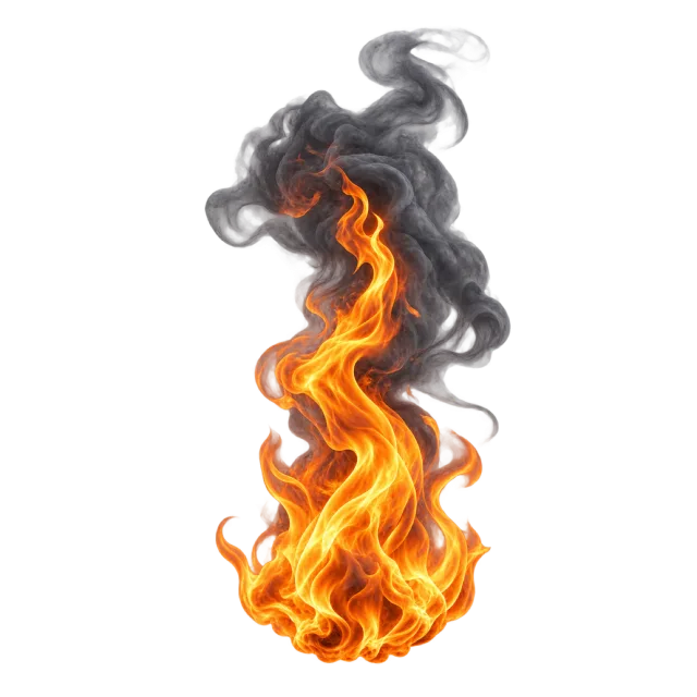 Tall orange flame merging into a curling column of dark gray smoke