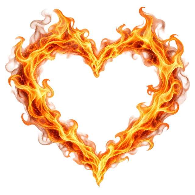 Open heart outline formed from curling orange and yellow flames