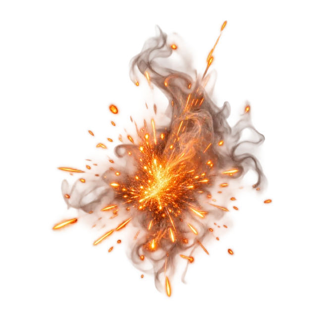 Bright central burst of orange sparks surrounded by gray smoke and scattered embers
