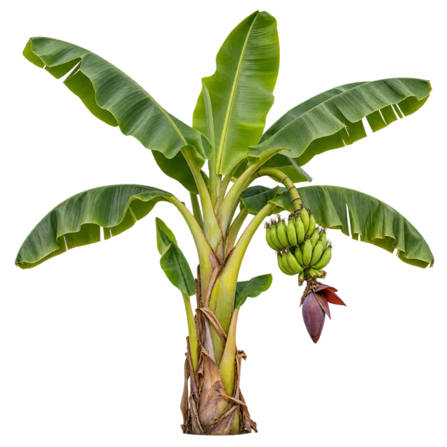 Banana plant with broad green leaves, a bunch of green bananas and a hanging purple flower