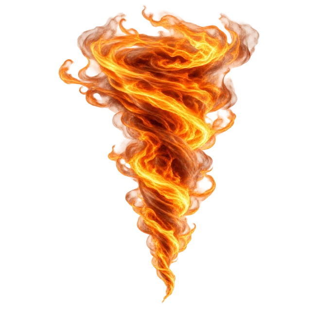 Spinning funnel of orange flames with a wide swirling top and narrow pointed base