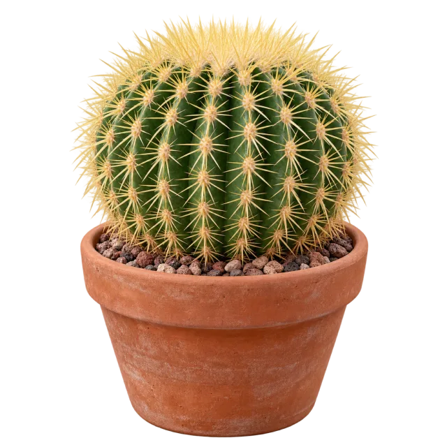Round ribbed green cactus covered in golden spines in a terracotta pot