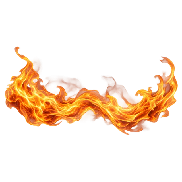 Undulating horizontal ribbon of orange fire with curling flames at both ends
