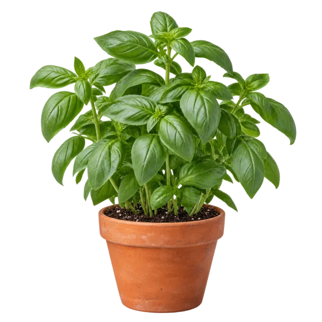 Bushy basil plant with glossy green leaves in a terracotta pot
