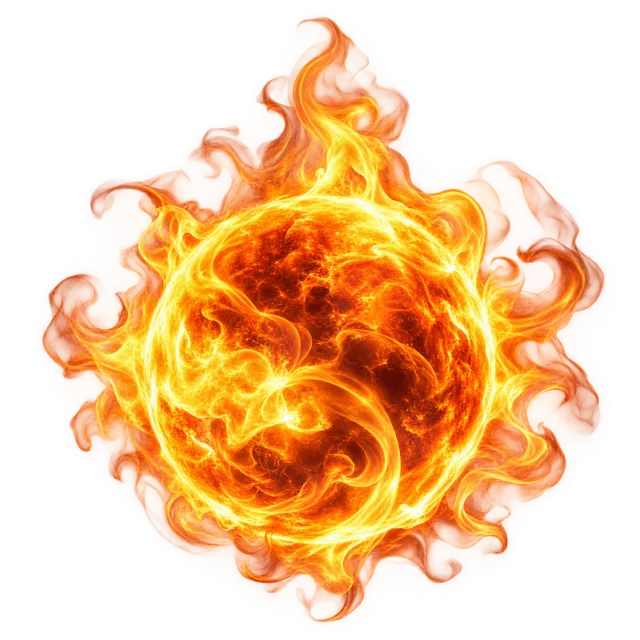Round orange fireball with a glowing yellow rim and swirling flame details