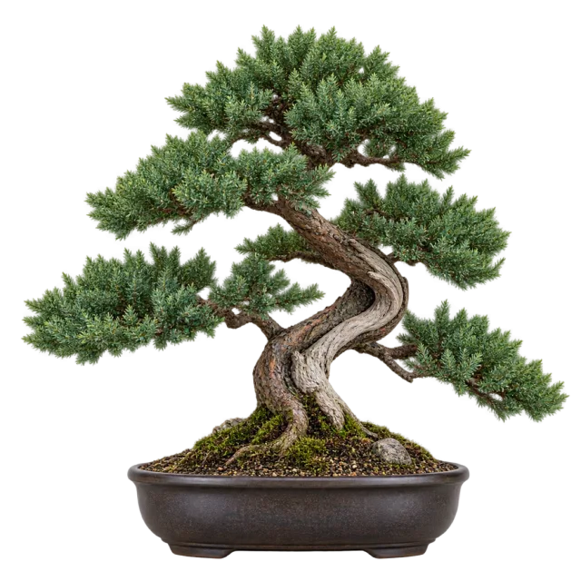Bonsai tree with a curved trunk, layered green foliage and moss in a shallow dark pot
