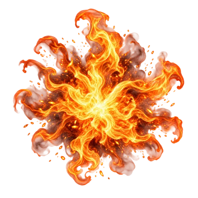 Orange and yellow flames spreading outward from a bright center with smoky edges