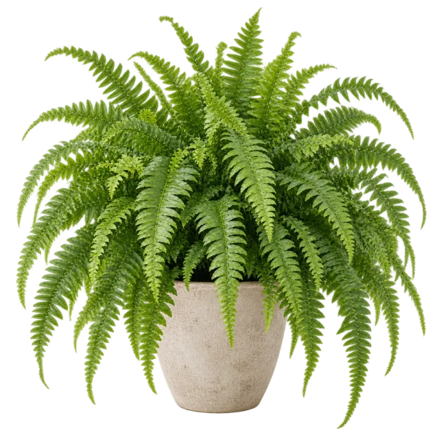 Lush fern with arching green fronds spilling over a pale beige pot