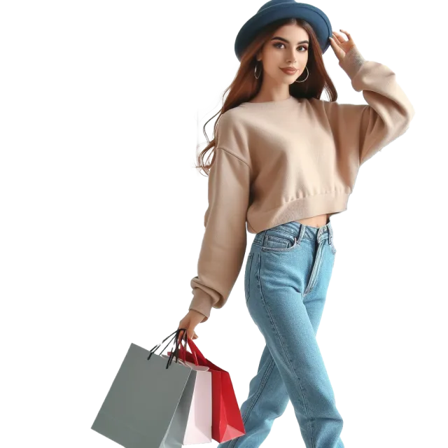 Woman wearing a blue hat, beige top and jeans carrying shopping bags on a transparent background