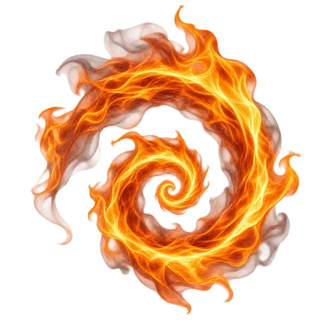 Coiling orange flame forming a circular spiral with wisps of gray smoke