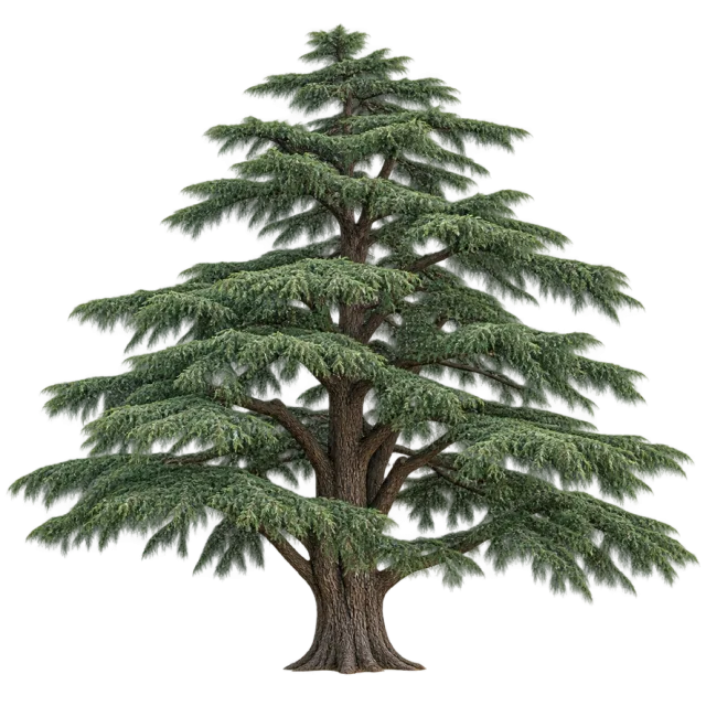 Mature cedar tree with a thick trunk and broad tiers of dark green branches