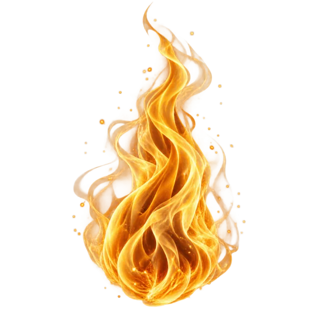 Tall golden flame with flowing yellow ribbons and tiny scattered sparks