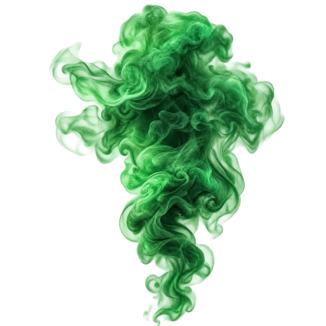 Dense green smoke plume with twisting folds and soft curling edges