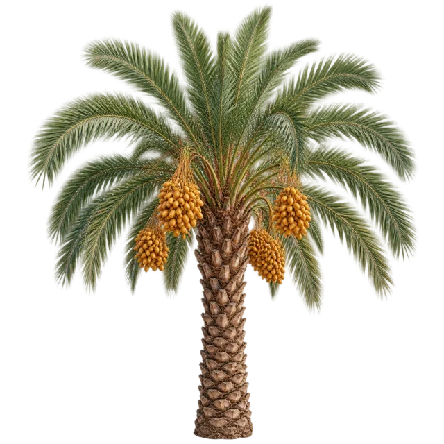 Date palm with spreading green fronds, a patterned trunk and hanging golden fruit clusters