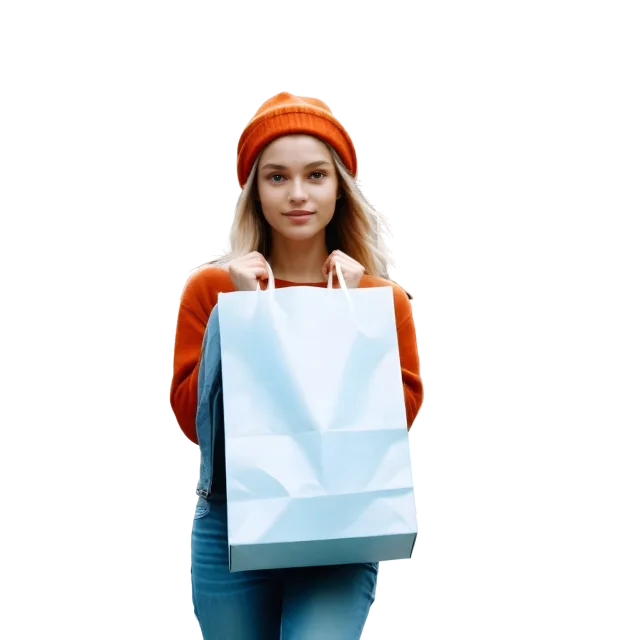 Woman in an orange hat and sweater holding a large pale shopping bag on a transparent background