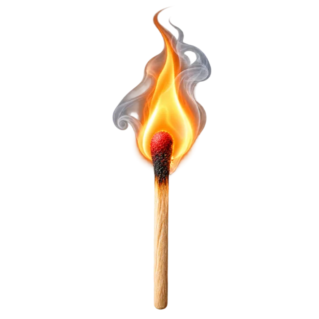 Upright wooden matchstick with a glowing red head, orange flame and curling smoke