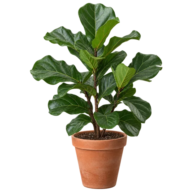 Upright fiddle leaf fig with broad veined green leaves in a terracotta pot