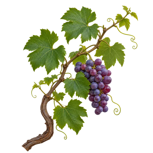 Curved woody grape vine with green leaves, curling tendrils and a bunch of purple grapes