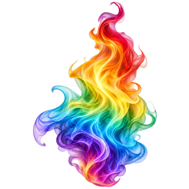 Twisting flame with red, orange, yellow, green, blue and purple bands