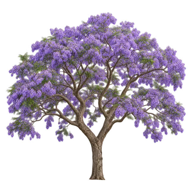 Broad branching tree covered in clusters of purple flowers