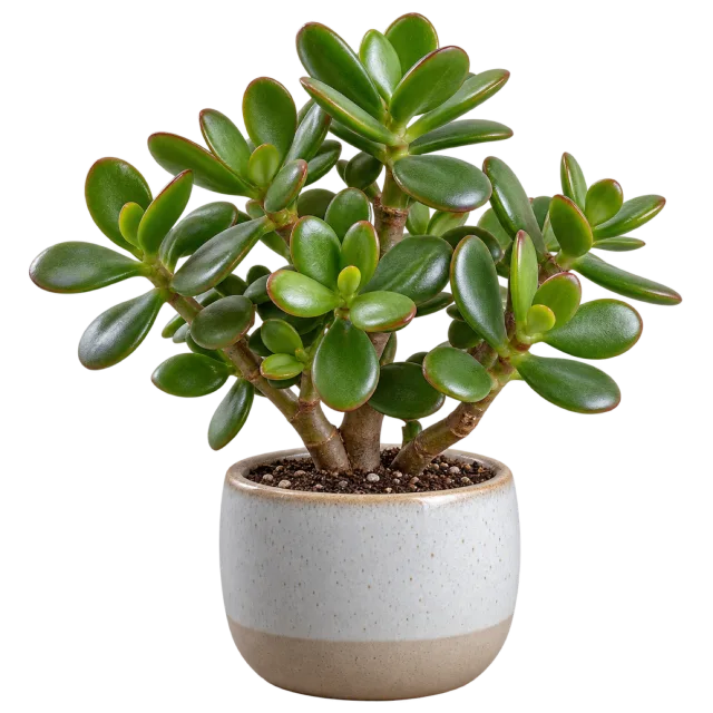 Compact jade plant with thick oval green leaves in a two-tone ceramic pot