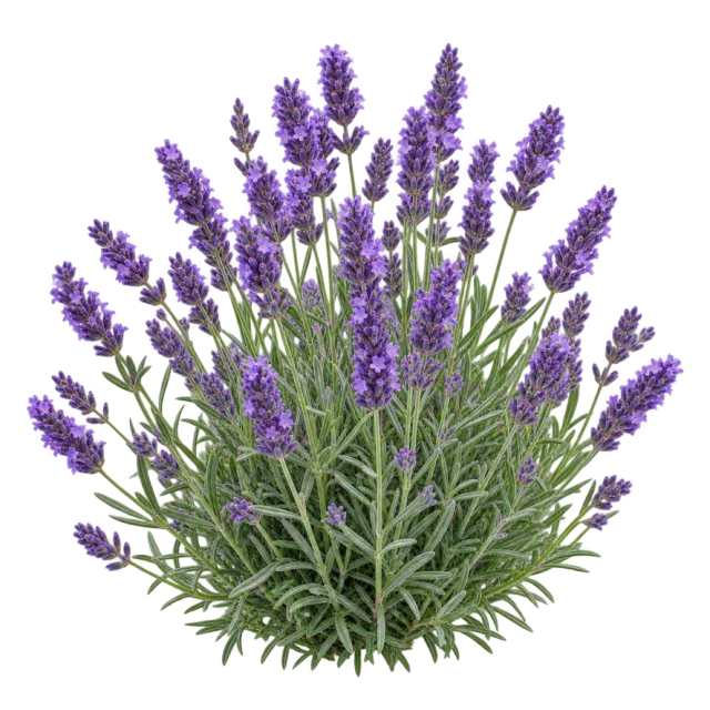 Bushy lavender plant with upright purple flower spikes and slender gray-green leaves