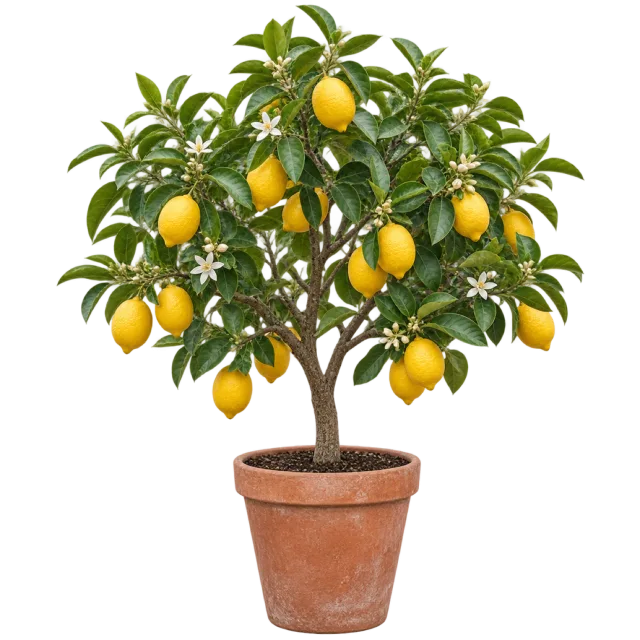 Small lemon tree bearing yellow lemons among glossy leaves in a terracotta pot