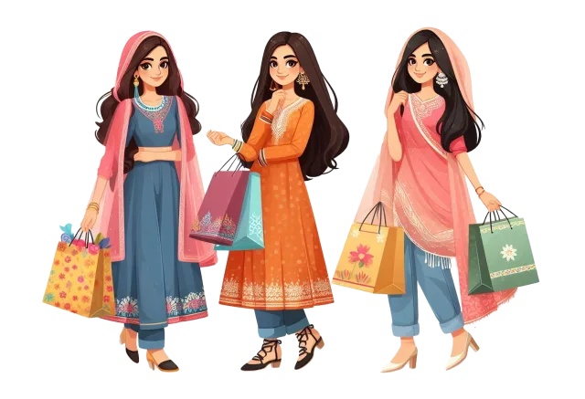 Illustration of three women in colorful dresses carrying shopping bags on a transparent background