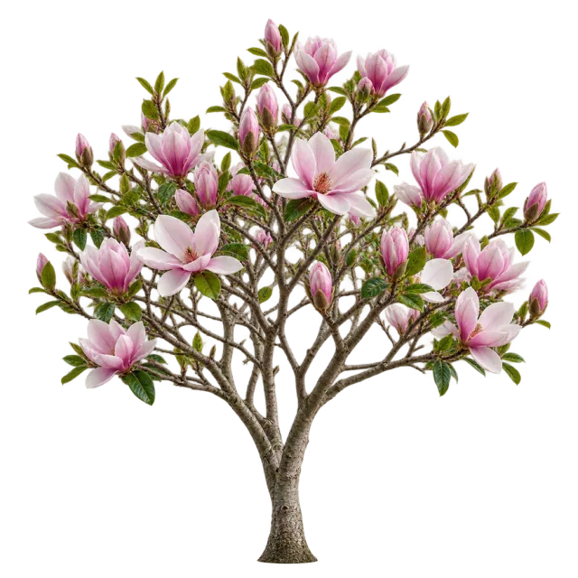 Branching magnolia tree with pink and white flowers among small green leaves